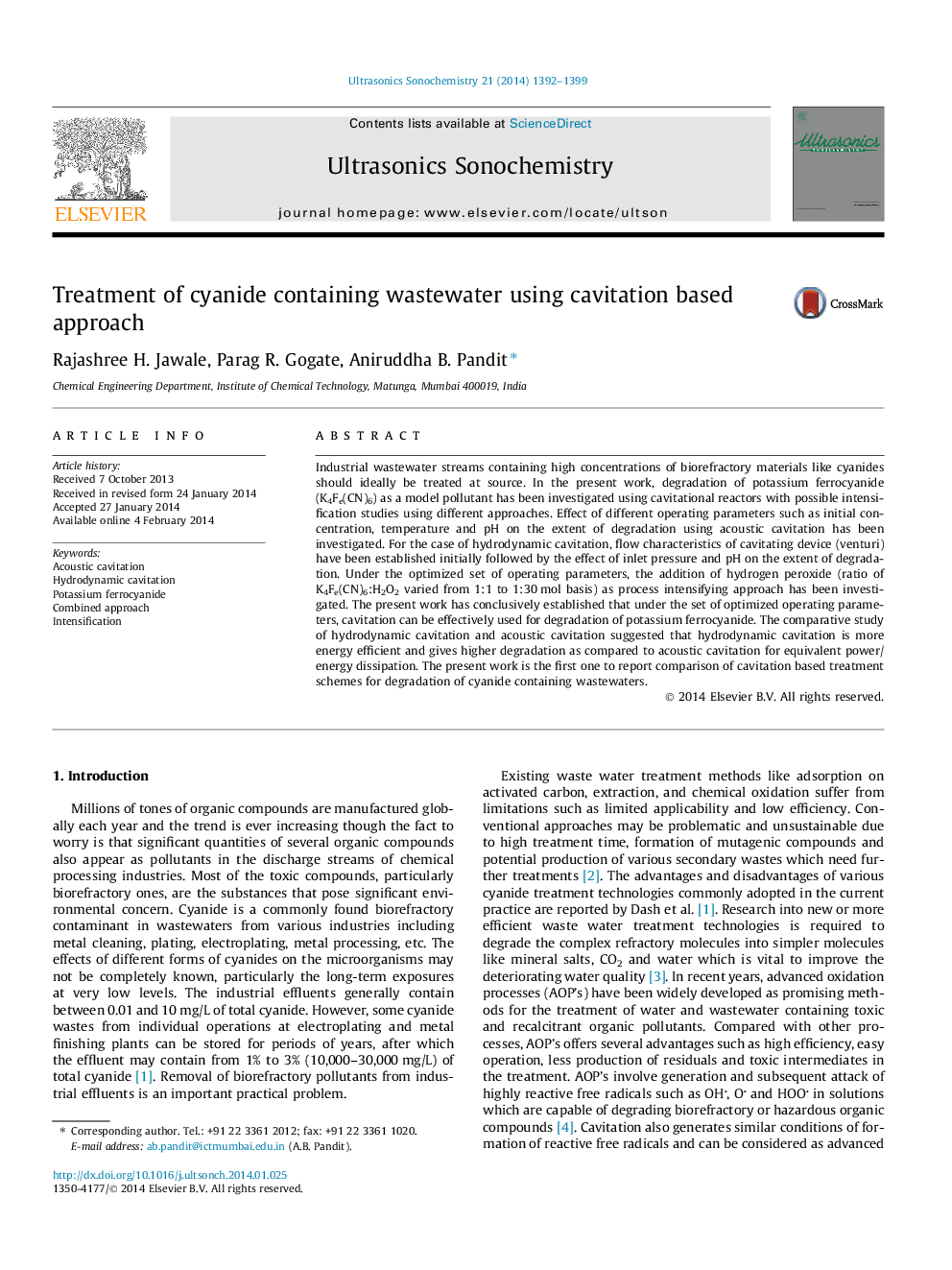 Treatment of cyanide containing wastewater using cavitation based approach