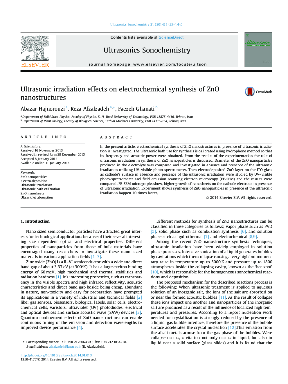 Ultrasonic irradiation effects on electrochemical synthesis of ZnO nanostructures