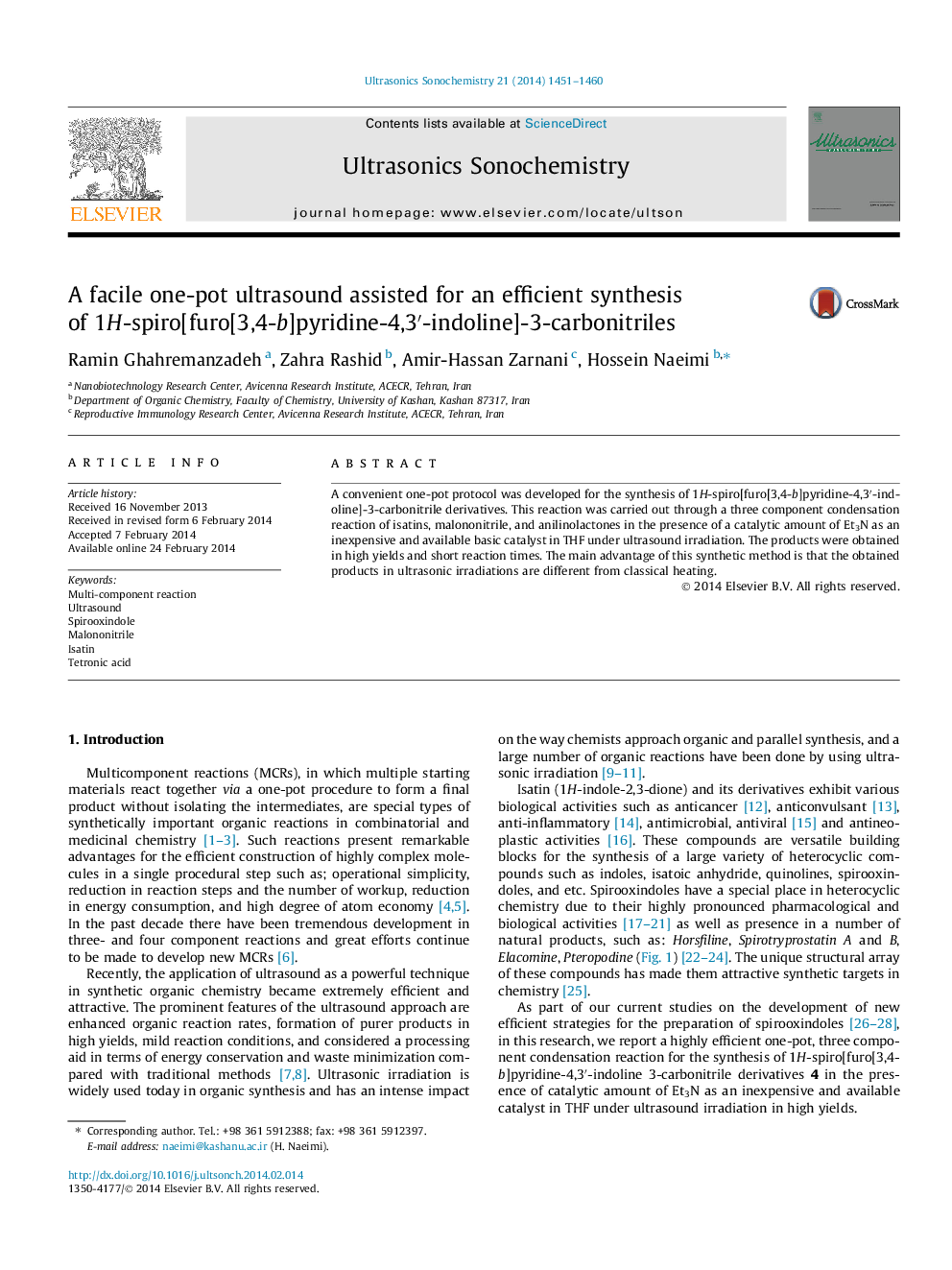 A facile one-pot ultrasound assisted for an efficient synthesis of 1H-spiro[furo[3,4-b]pyridine-4,3′-indoline]-3-carbonitriles