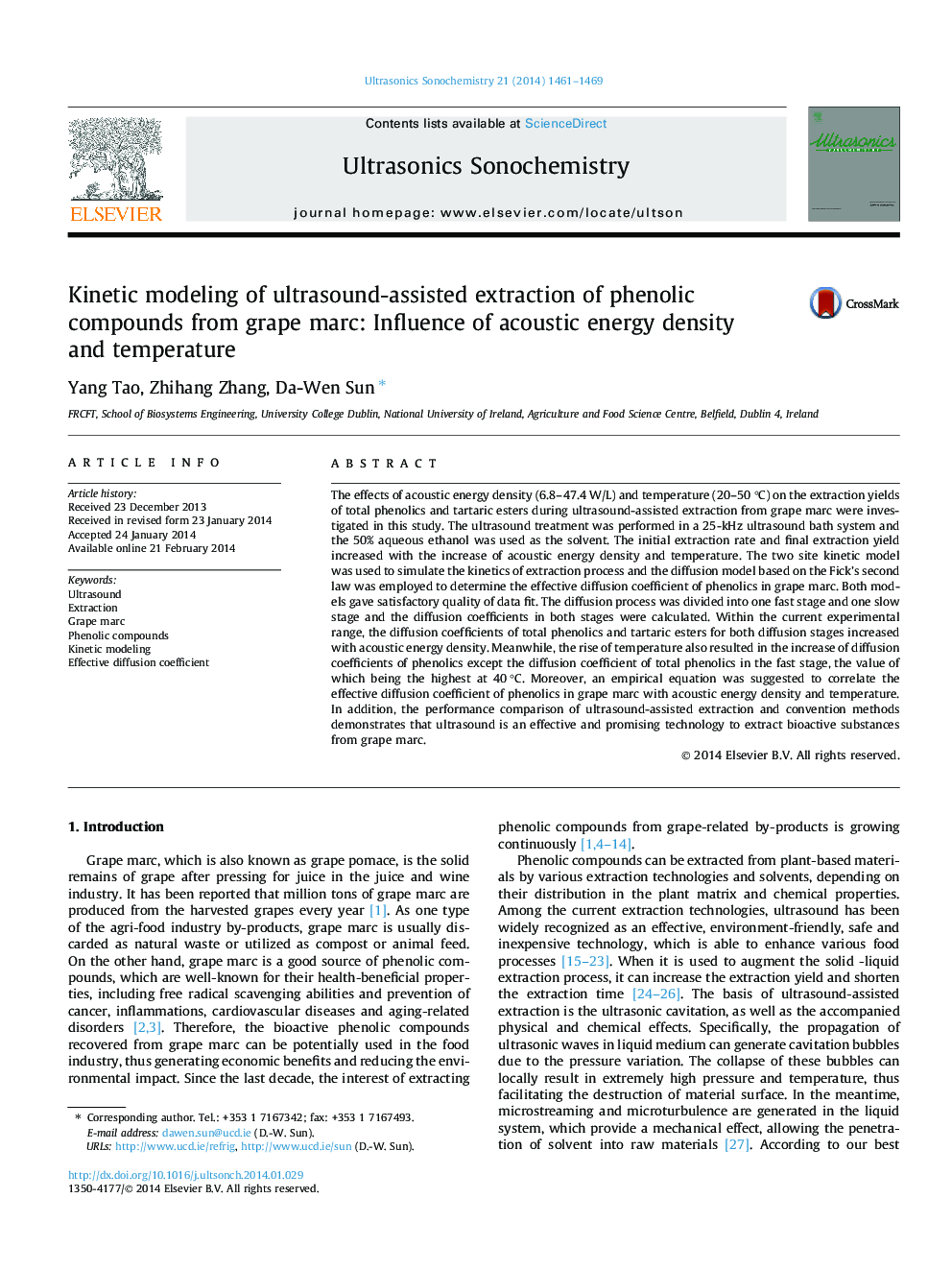 مدل سازی جنبشی از استخراج اولتراسوند از ترکیبات فنلی مارک انگور: تاثیر تراکم انرژی آکوستیک و دما 