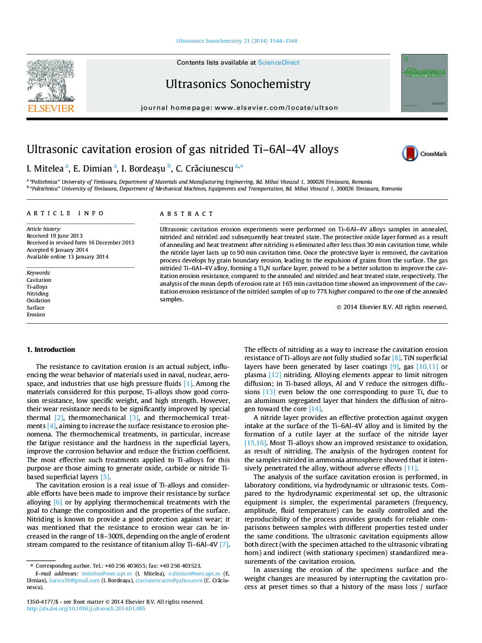 Ultrasonic cavitation erosion of gas nitrided Ti–6Al–4V alloys