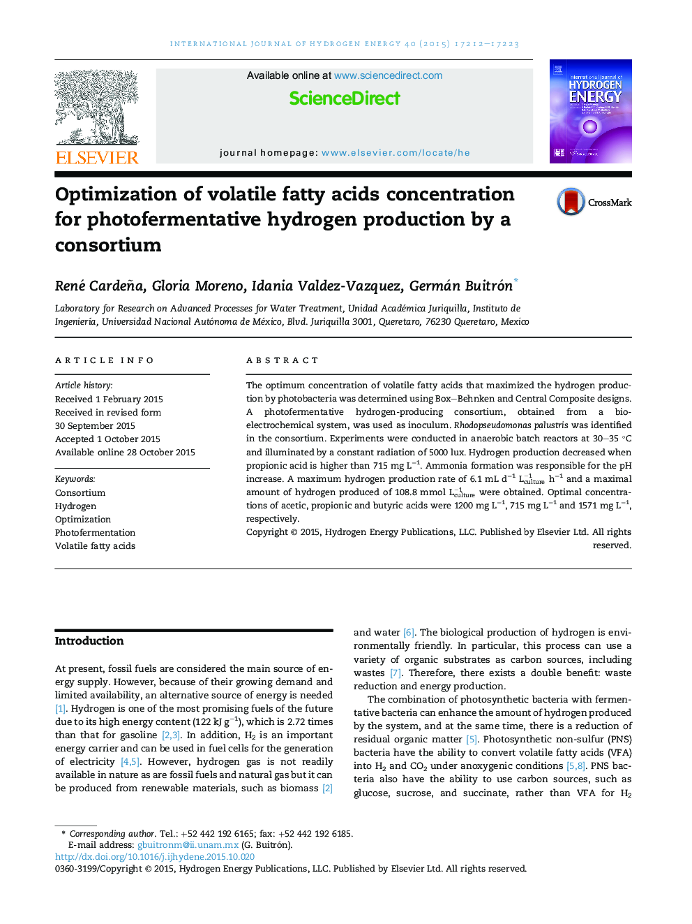 Optimization of volatile fatty acids concentration for photofermentative hydrogen production by a consortium