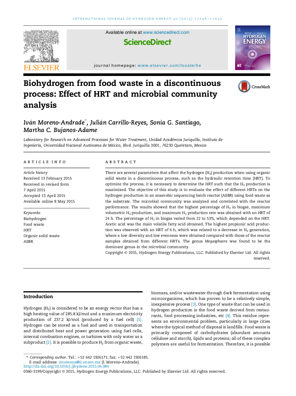 Biohydrogen from food waste in a discontinuous process: Effect of HRT and microbial community analysis