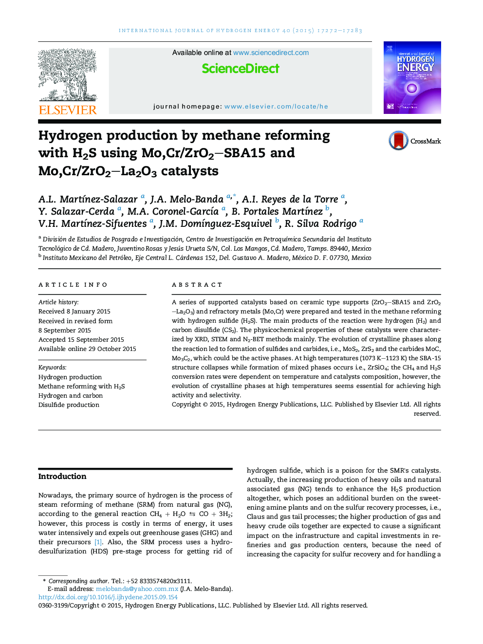 Hydrogen production by methane reforming with H2S using Mo,Cr/ZrO2–SBA15 and Mo,Cr/ZrO2–La2O3 catalysts