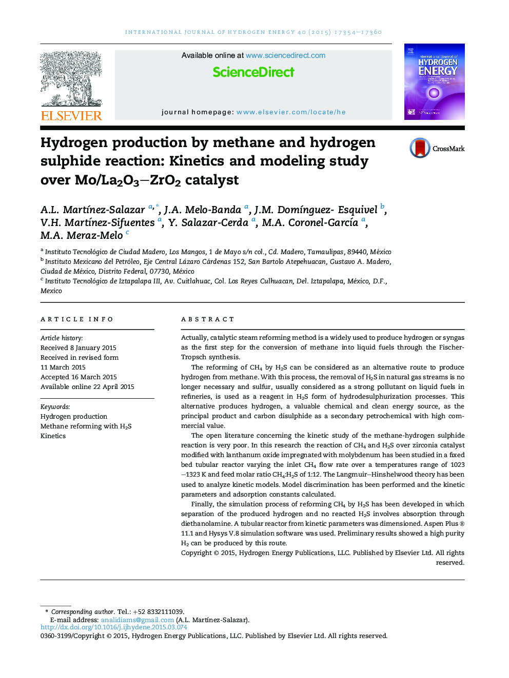 Hydrogen production by methane and hydrogen sulphide reaction: Kinetics and modeling study over Mo/La2O3–ZrO2 catalyst