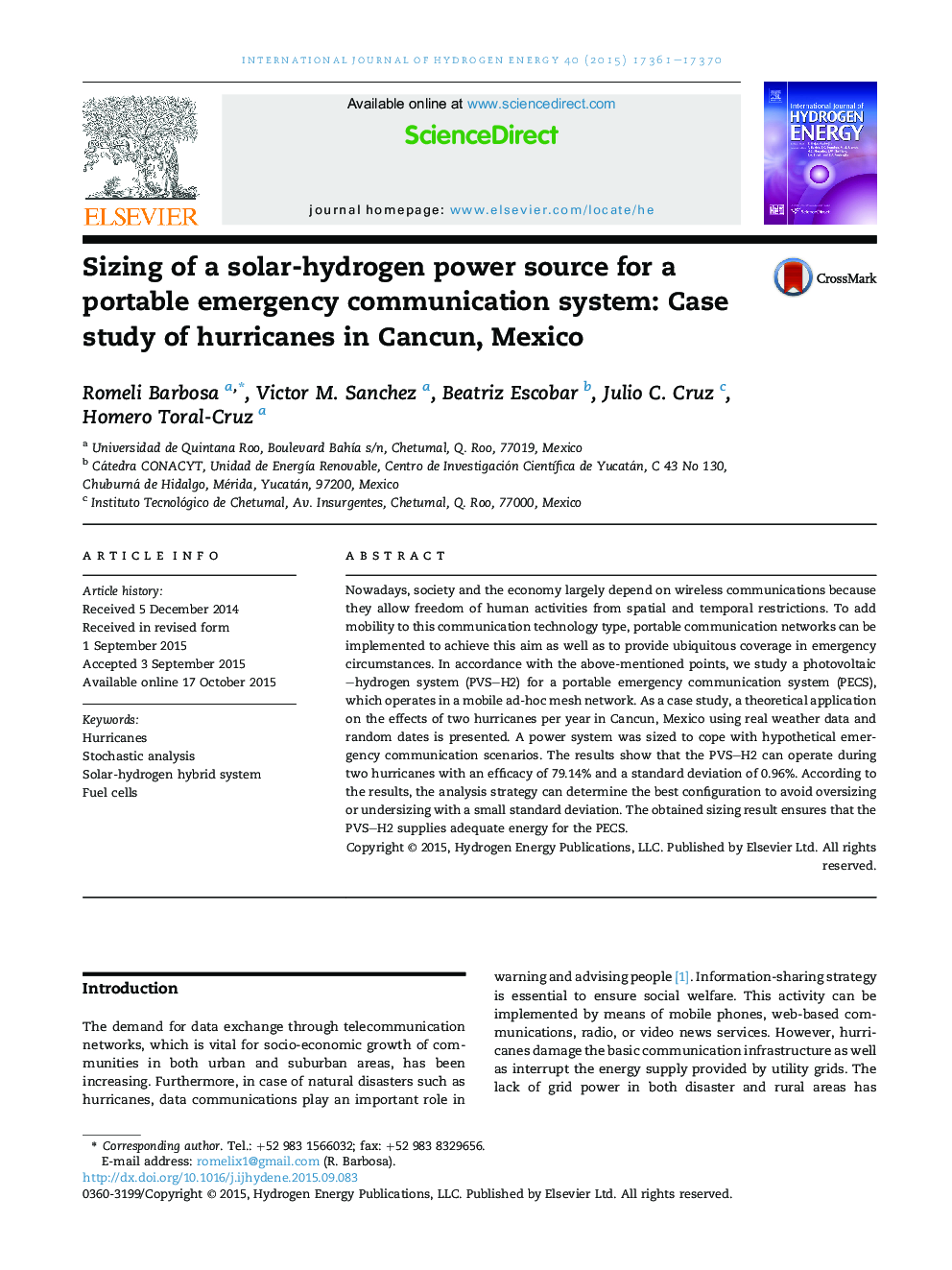 اندازه گیری منبع انرژی خورشیدی-هیدروژن برای یک سیستم ارتباطی اورژانس قابل حمل: مطالعه موردی طوفان ها در کانکون، مکزیک 