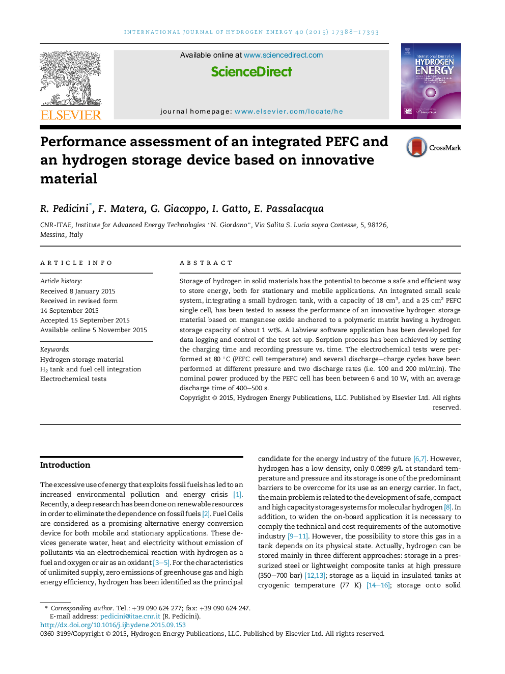 Performance assessment of an integrated PEFC and an hydrogen storage device based on innovative material