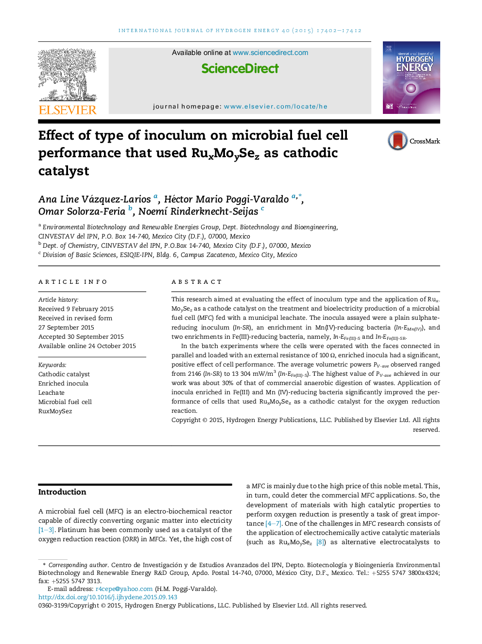 Effect of type of inoculum on microbial fuel cell performance that used RuxMoySez as cathodic catalyst