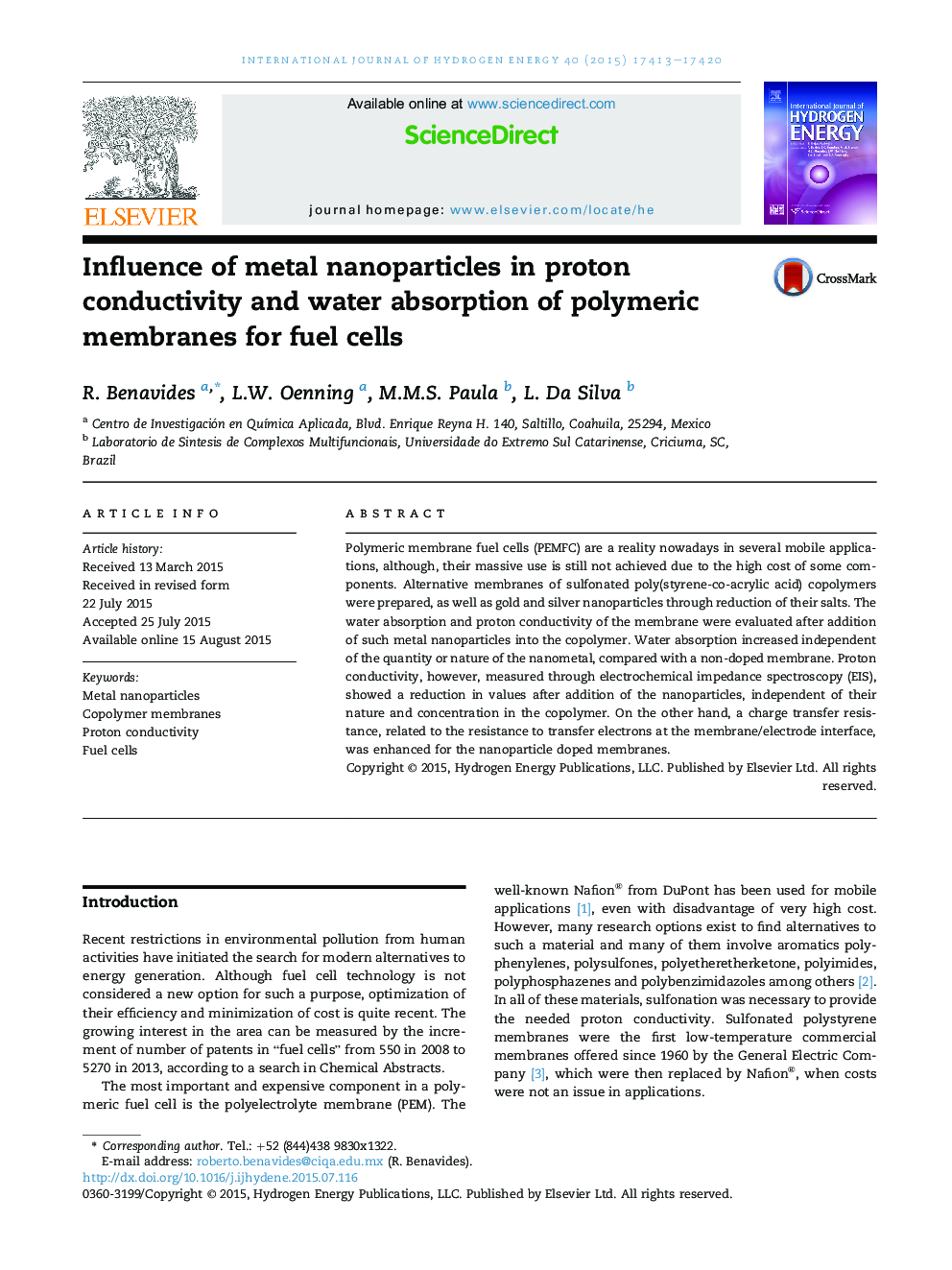 Influence of metal nanoparticles in proton conductivity and water absorption of polymeric membranes for fuel cells