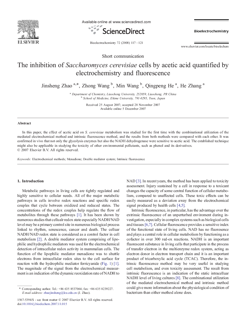 The inhibition of Saccharomyces cerevisiae cells by acetic acid quantified by electrochemistry and fluorescence