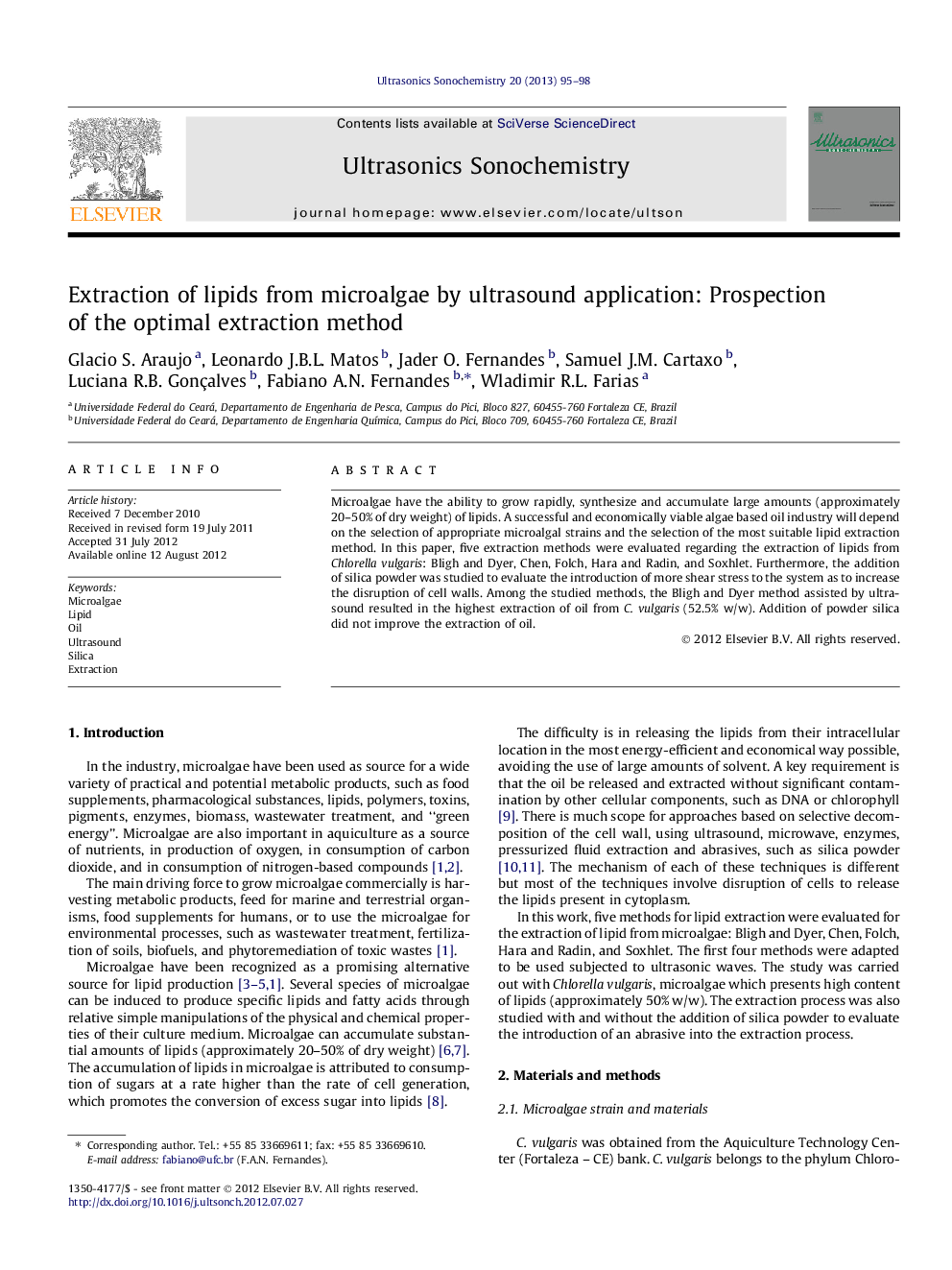 Extraction of lipids from microalgae by ultrasound application: Prospection of the optimal extraction method