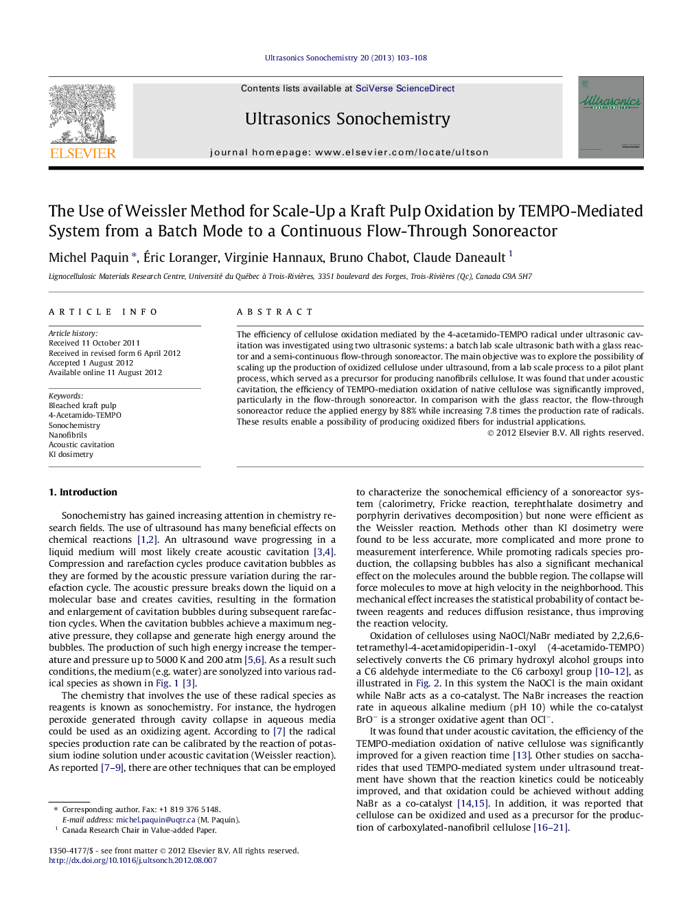 The Use of Weissler Method for Scale-Up a Kraft Pulp Oxidation by TEMPO-Mediated System from a Batch Mode to a Continuous Flow-Through Sonoreactor