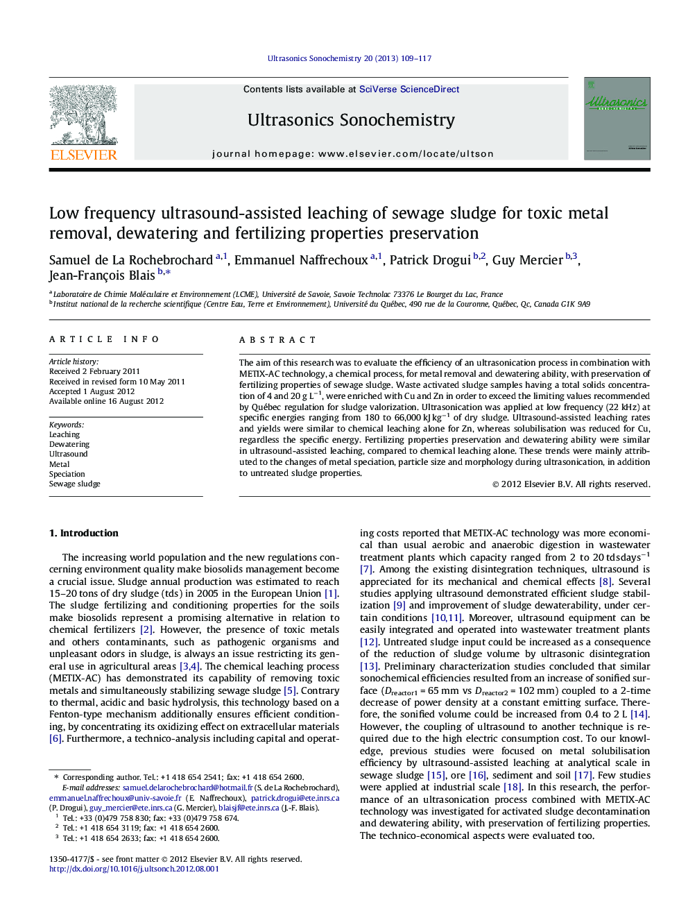 Low frequency ultrasound-assisted leaching of sewage sludge for toxic metal removal, dewatering and fertilizing properties preservation