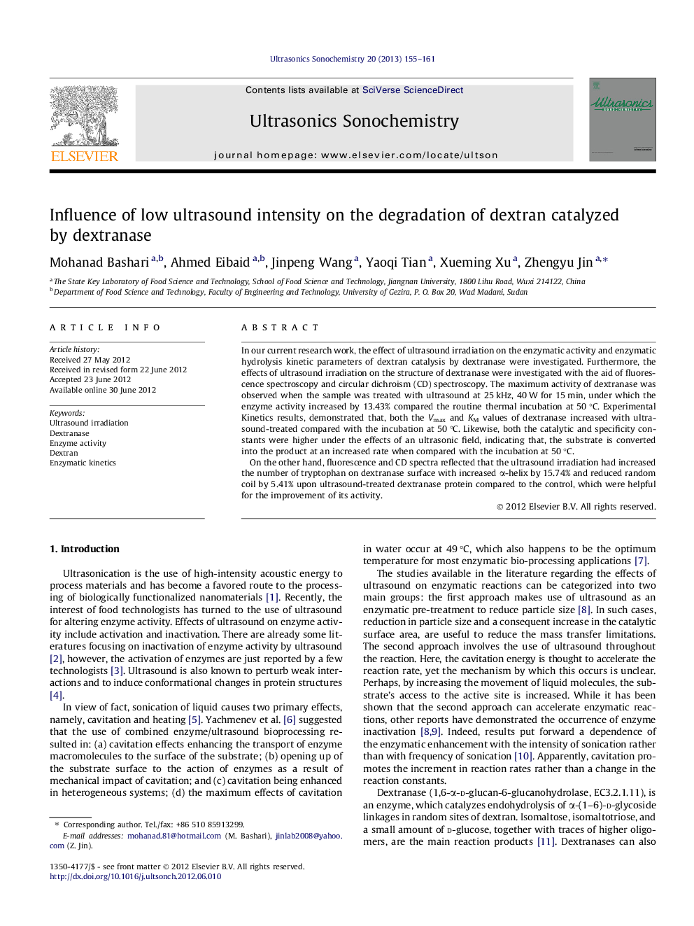 Influence of low ultrasound intensity on the degradation of dextran catalyzed by dextranase