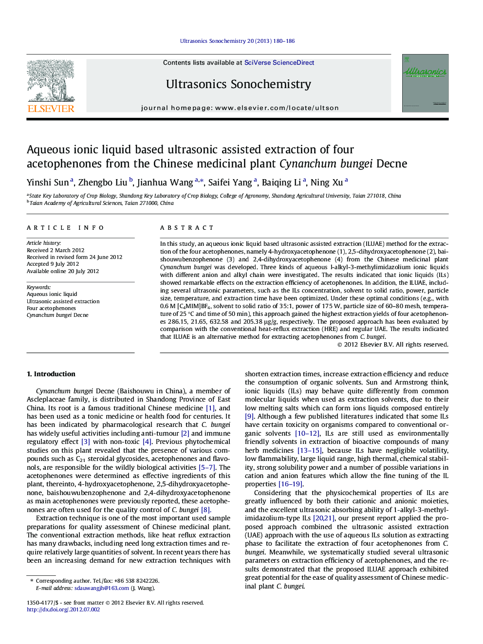 Aqueous ionic liquid based ultrasonic assisted extraction of four acetophenones from the Chinese medicinal plant Cynanchum bungei Decne