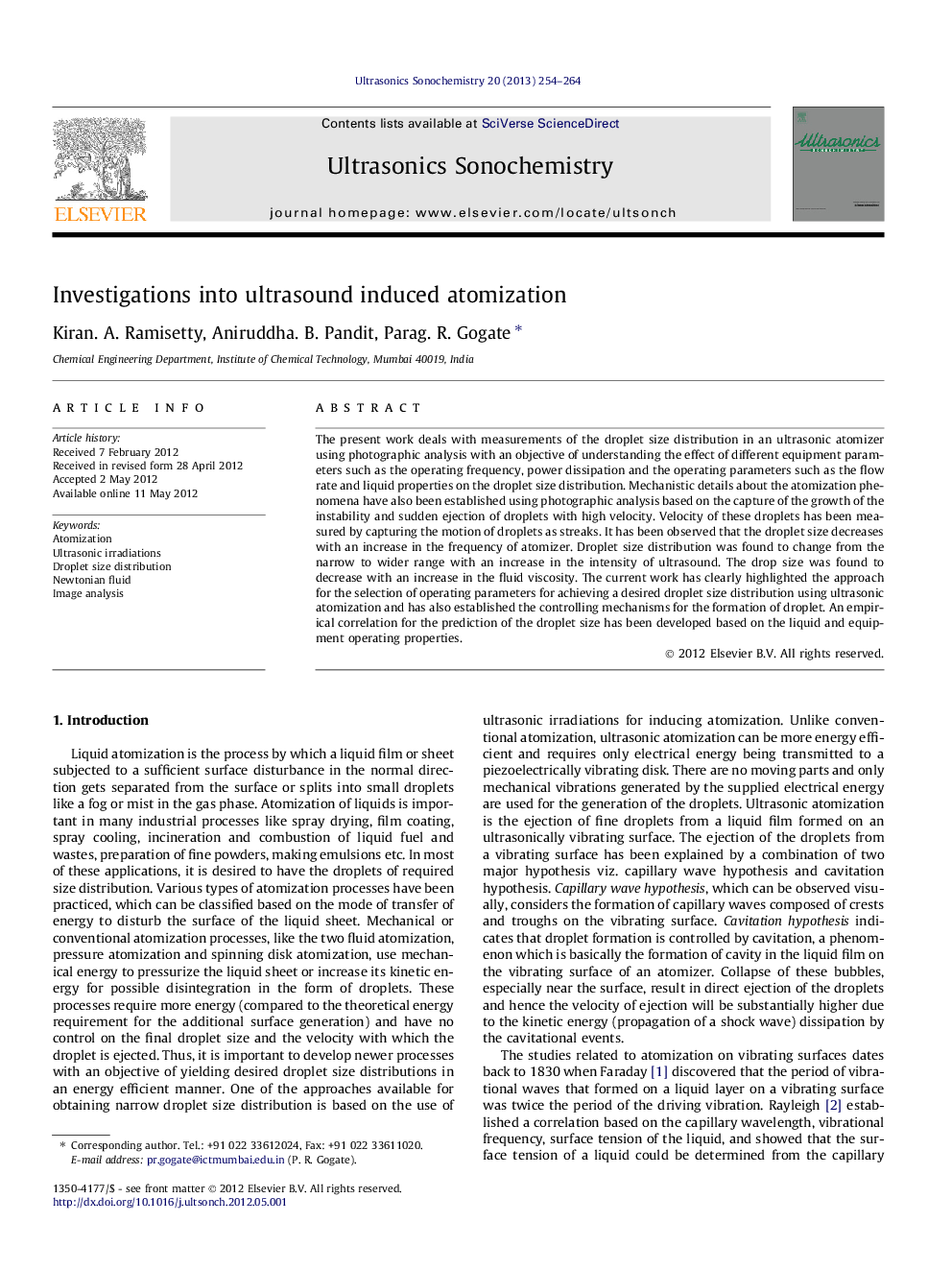 Investigations into ultrasound induced atomization