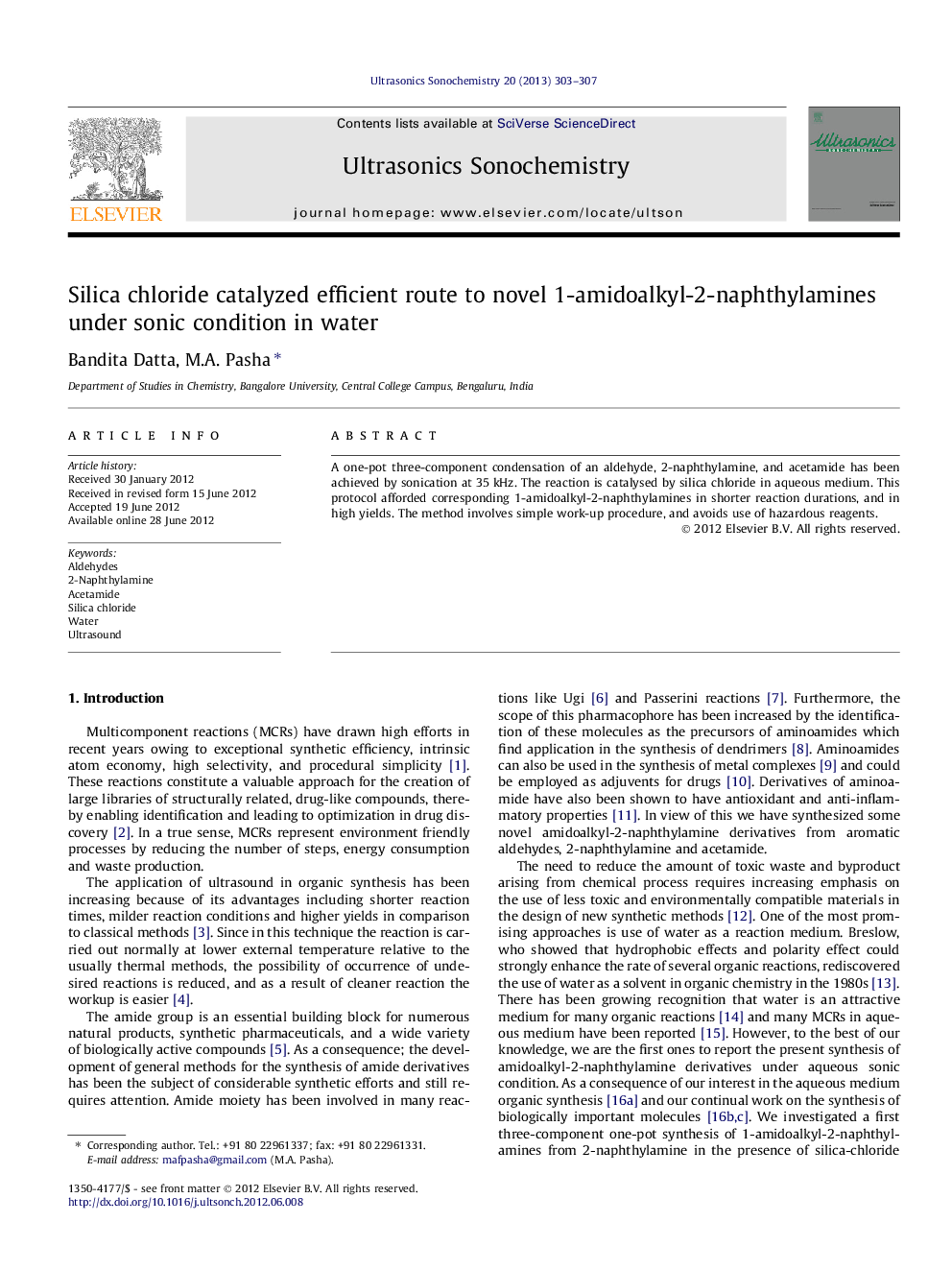 Silica chloride catalyzed efficient route to novel 1-amidoalkyl-2-naphthylamines under sonic condition in water