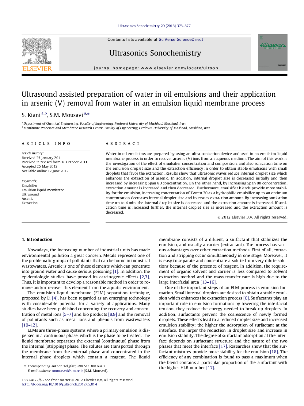 Ultrasound assisted preparation of water in oil emulsions and their application in arsenic (V) removal from water in an emulsion liquid membrane process