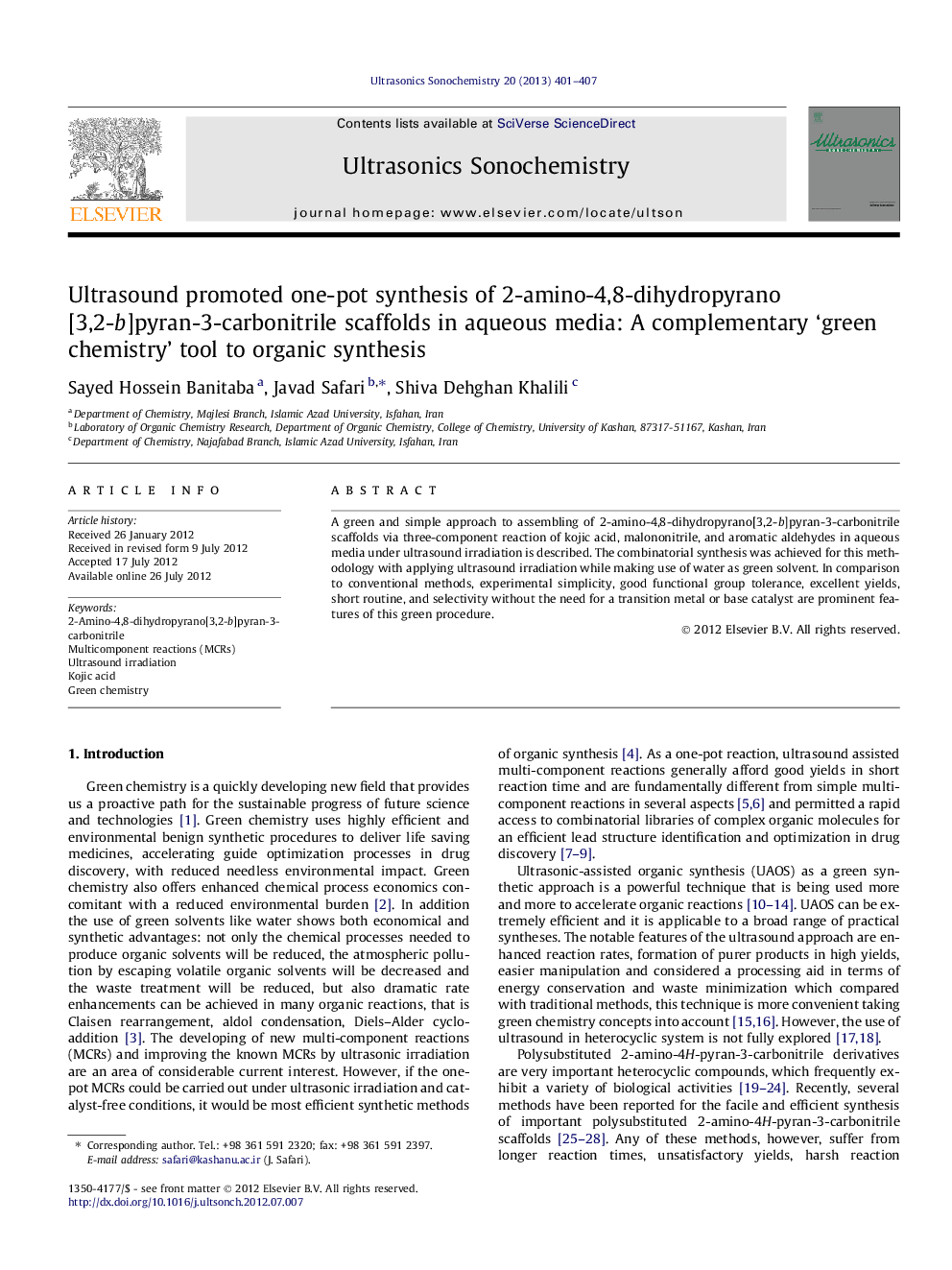 Ultrasound promoted one-pot synthesis of 2-amino-4,8-dihydropyrano[3,2-b]pyran-3-carbonitrile scaffolds in aqueous media: A complementary ‘green chemistry’ tool to organic synthesis