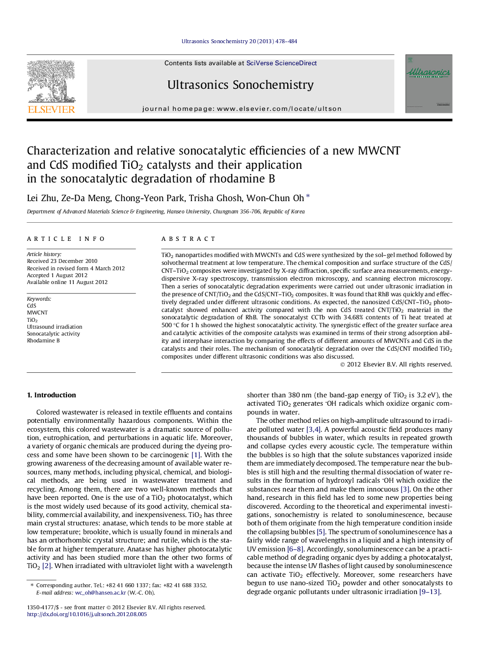 Characterization and relative sonocatalytic efficiencies of a new MWCNT and CdS modified TiO2 catalysts and their application in the sonocatalytic degradation of rhodamine B