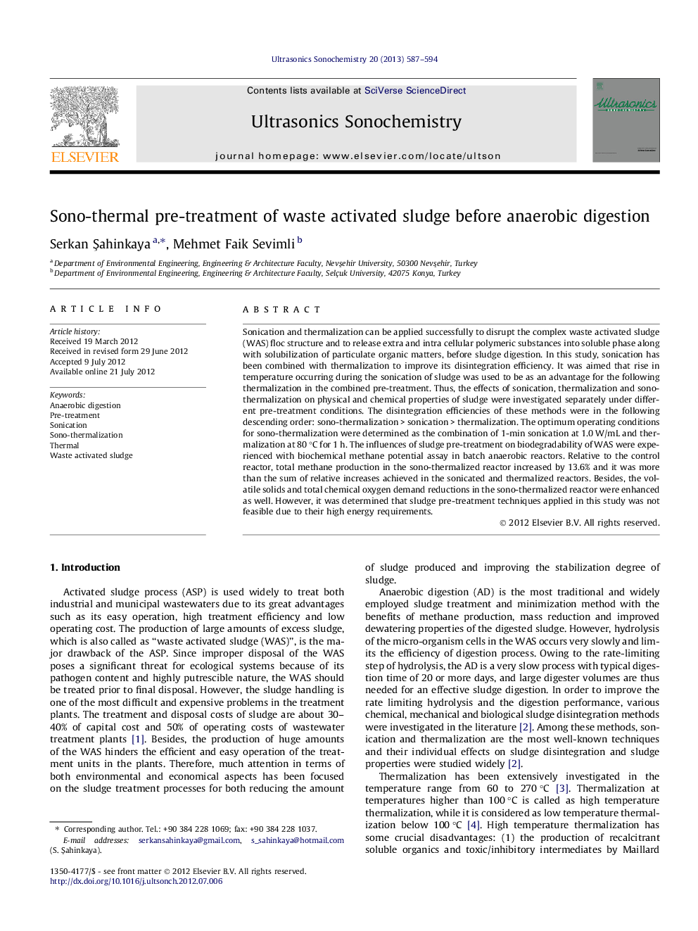 Sono-thermal pre-treatment of waste activated sludge before anaerobic digestion