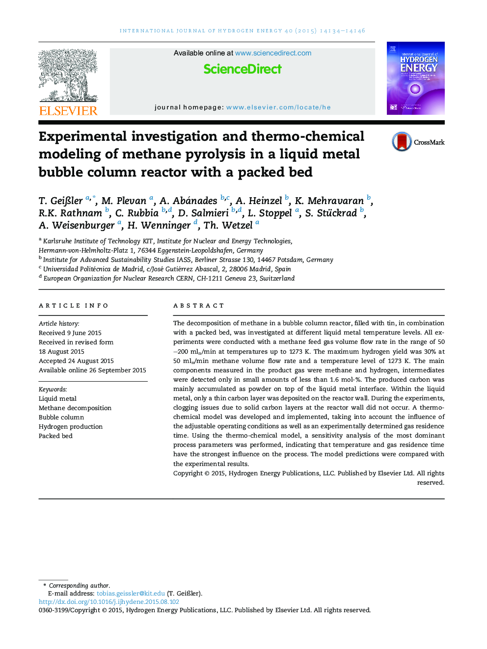 Experimental investigation and thermo-chemical modeling of methane pyrolysis in a liquid metal bubble column reactor with a packed bed