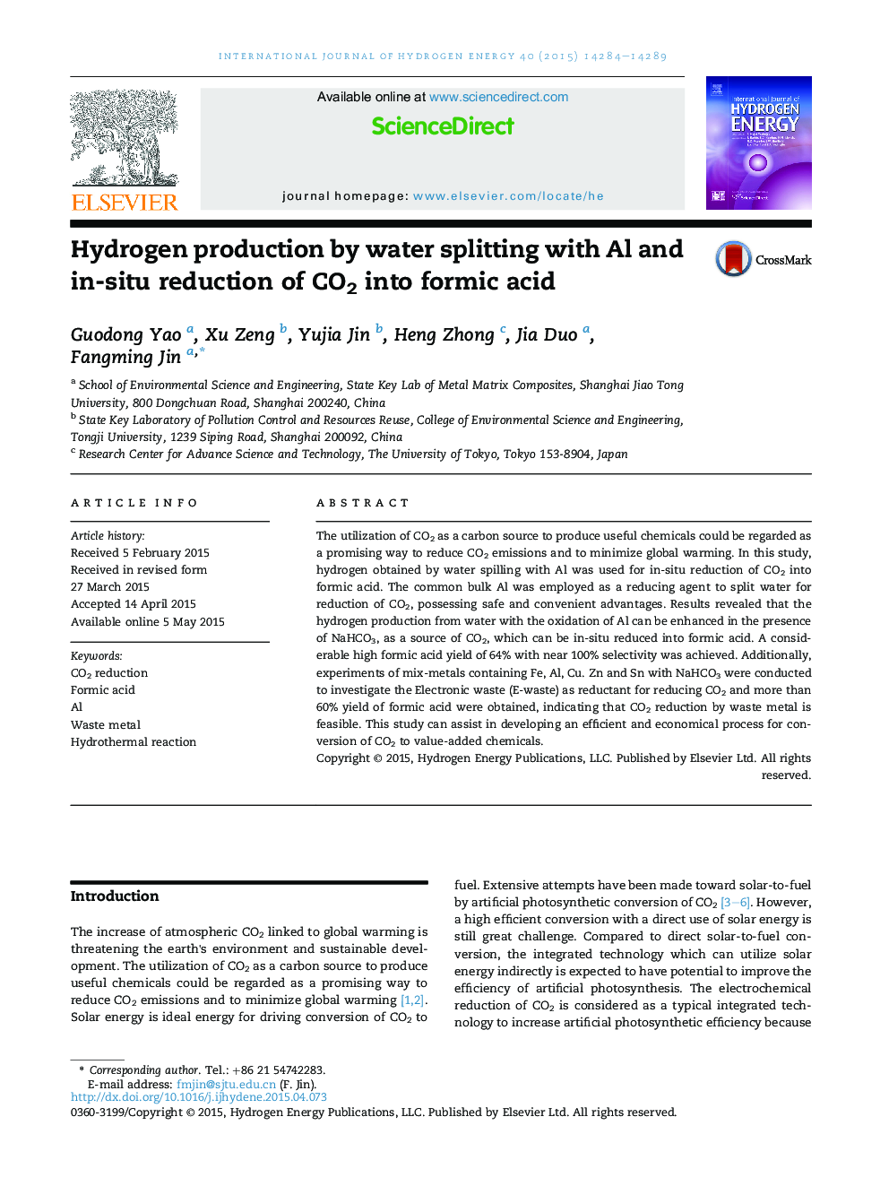 Hydrogen production by water splitting with Al and in-situ reduction of CO2 into formic acid