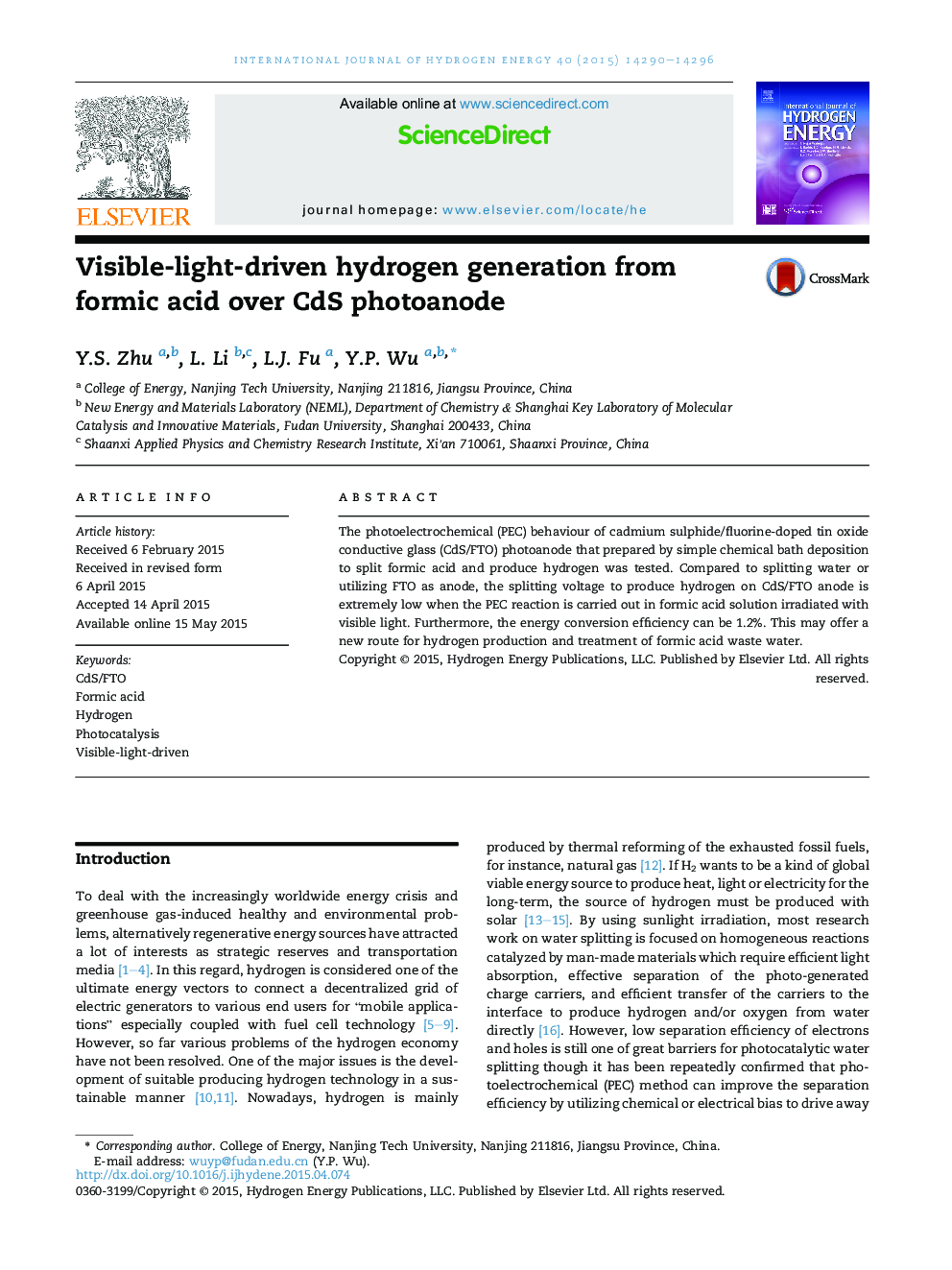 Visible-light-driven hydrogen generation from formic acid over CdS photoanode