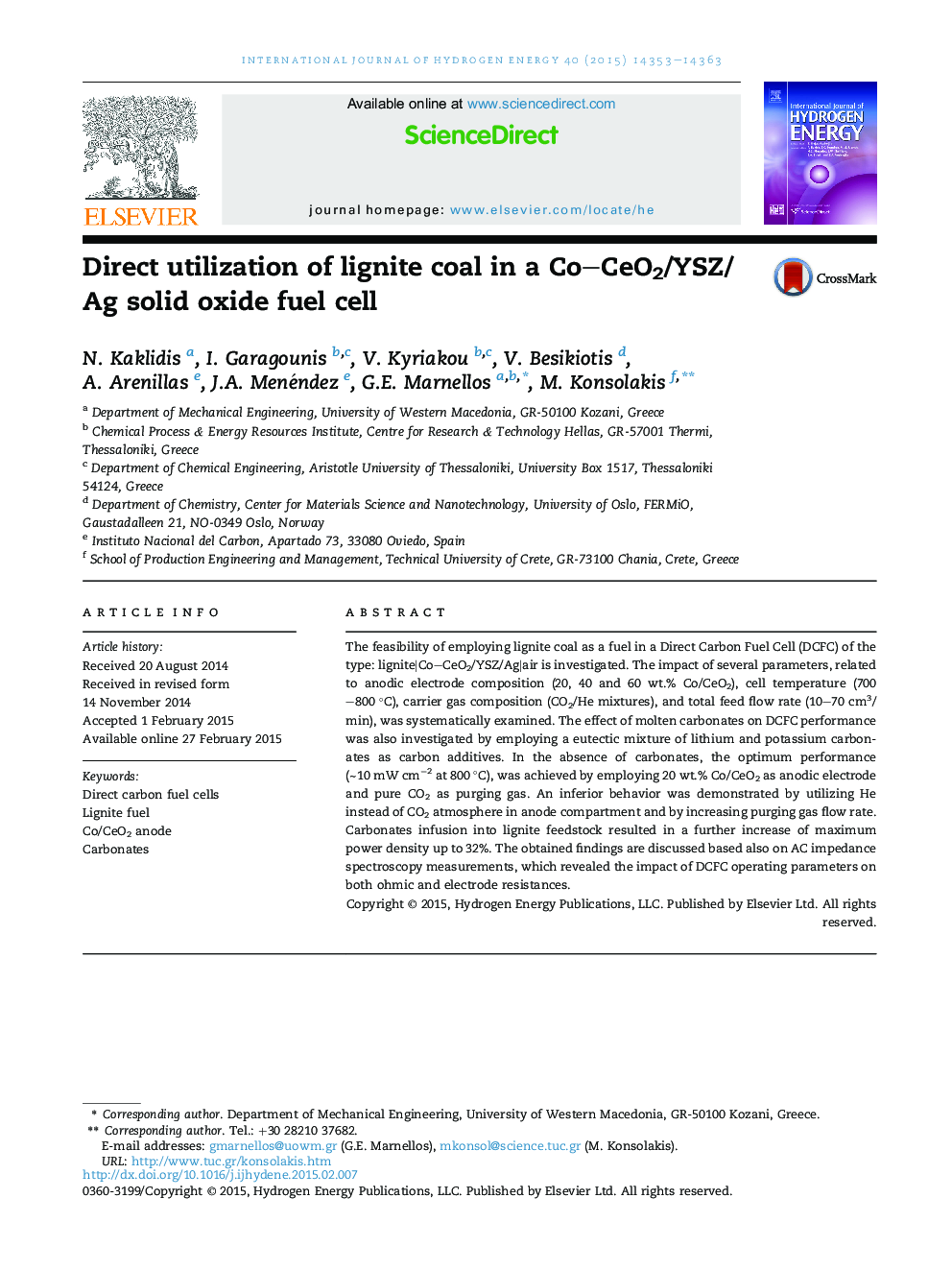 Direct utilization of lignite coal in a Co–CeO2/YSZ/Ag solid oxide fuel cell