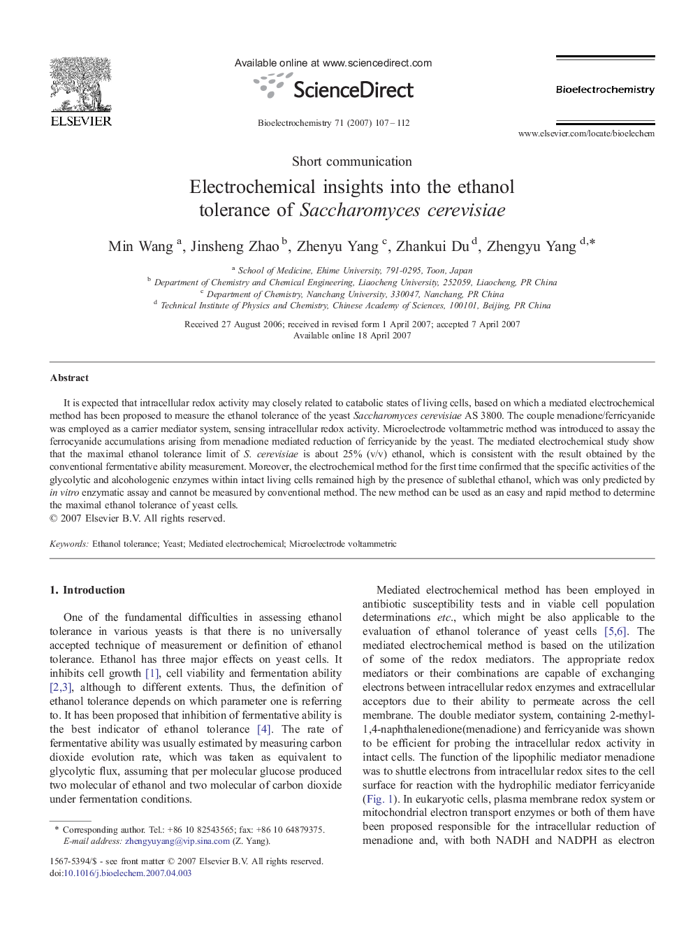 Electrochemical insights into the ethanol tolerance of Saccharomyces cerevisiae