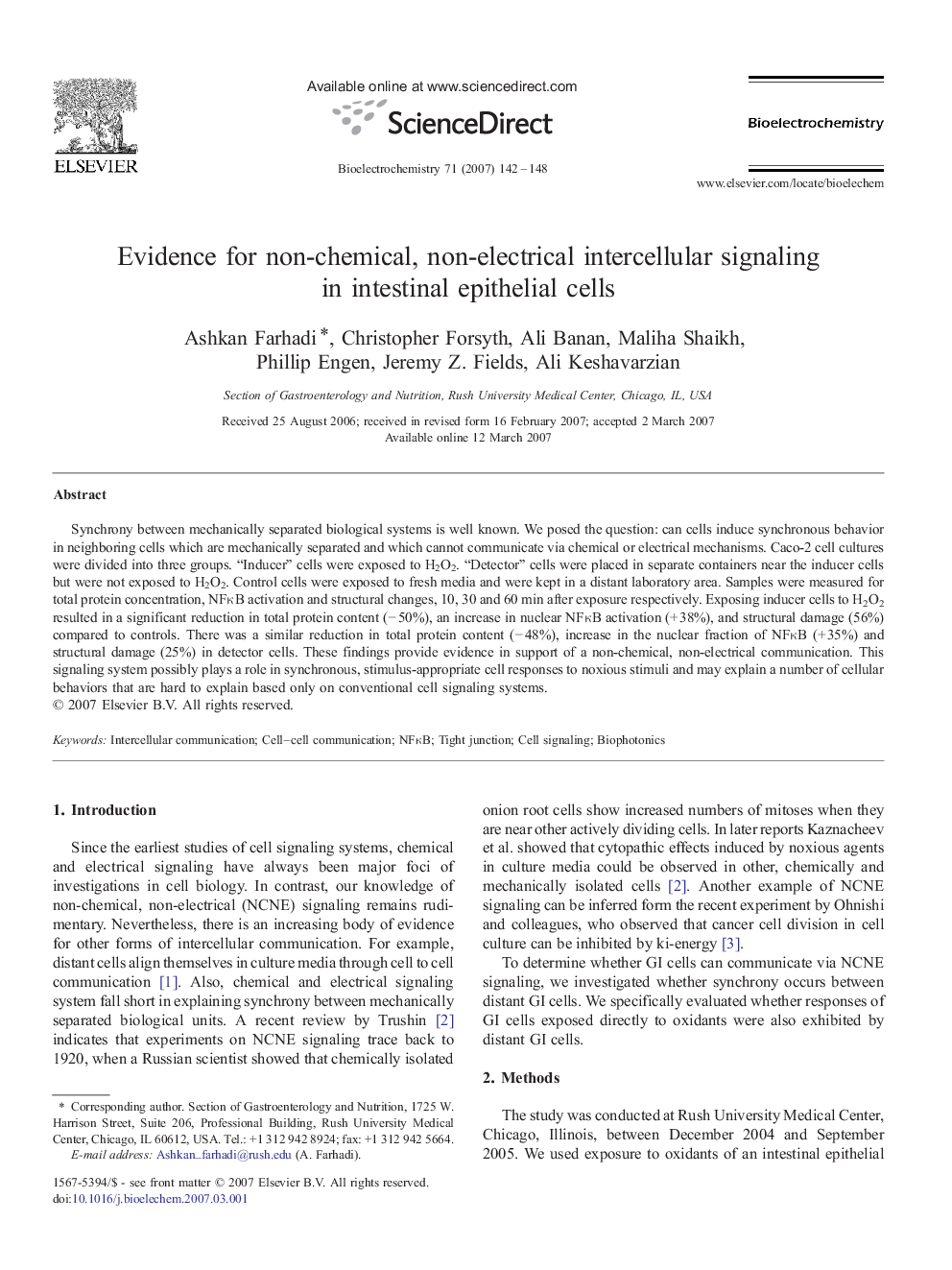 Evidence for non-chemical, non-electrical intercellular signaling in intestinal epithelial cells