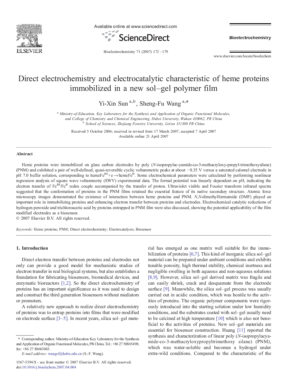 Direct electrochemistry and electrocatalytic characteristic of heme proteins immobilized in a new sol–gel polymer film