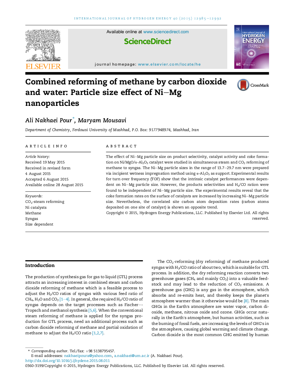 Combined reforming of methane by carbon dioxide and water: Particle size effect of Ni–Mg nanoparticles