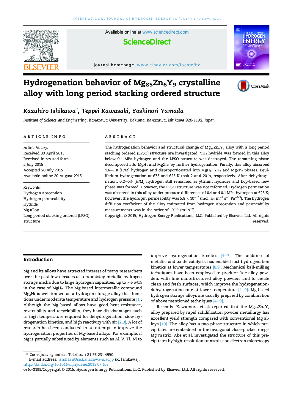 Hydrogenation behavior of Mg85Zn6Y9 crystalline alloy with long period stacking ordered structure