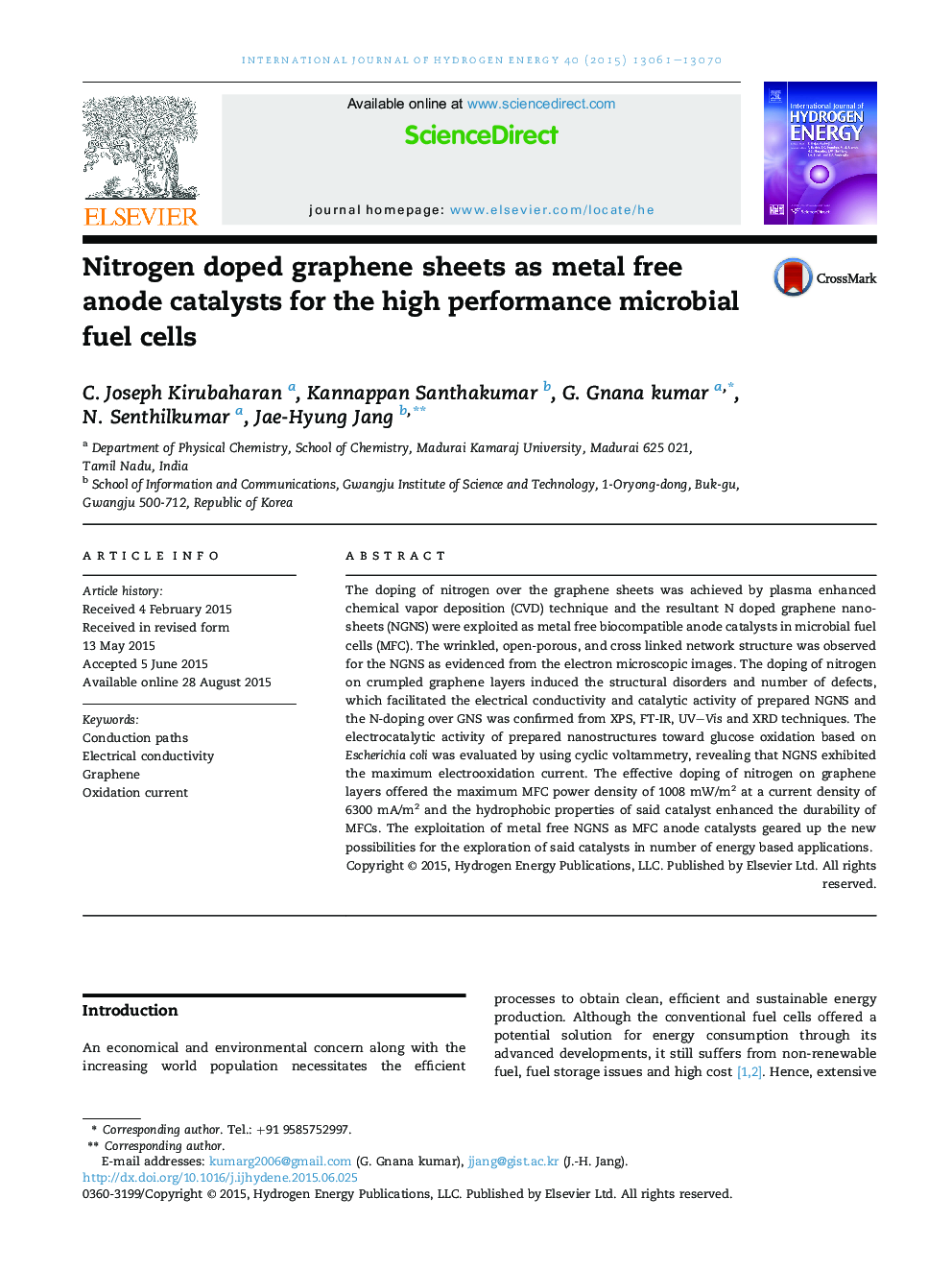 Nitrogen doped graphene sheets as metal free anode catalysts for the high performance microbial fuel cells