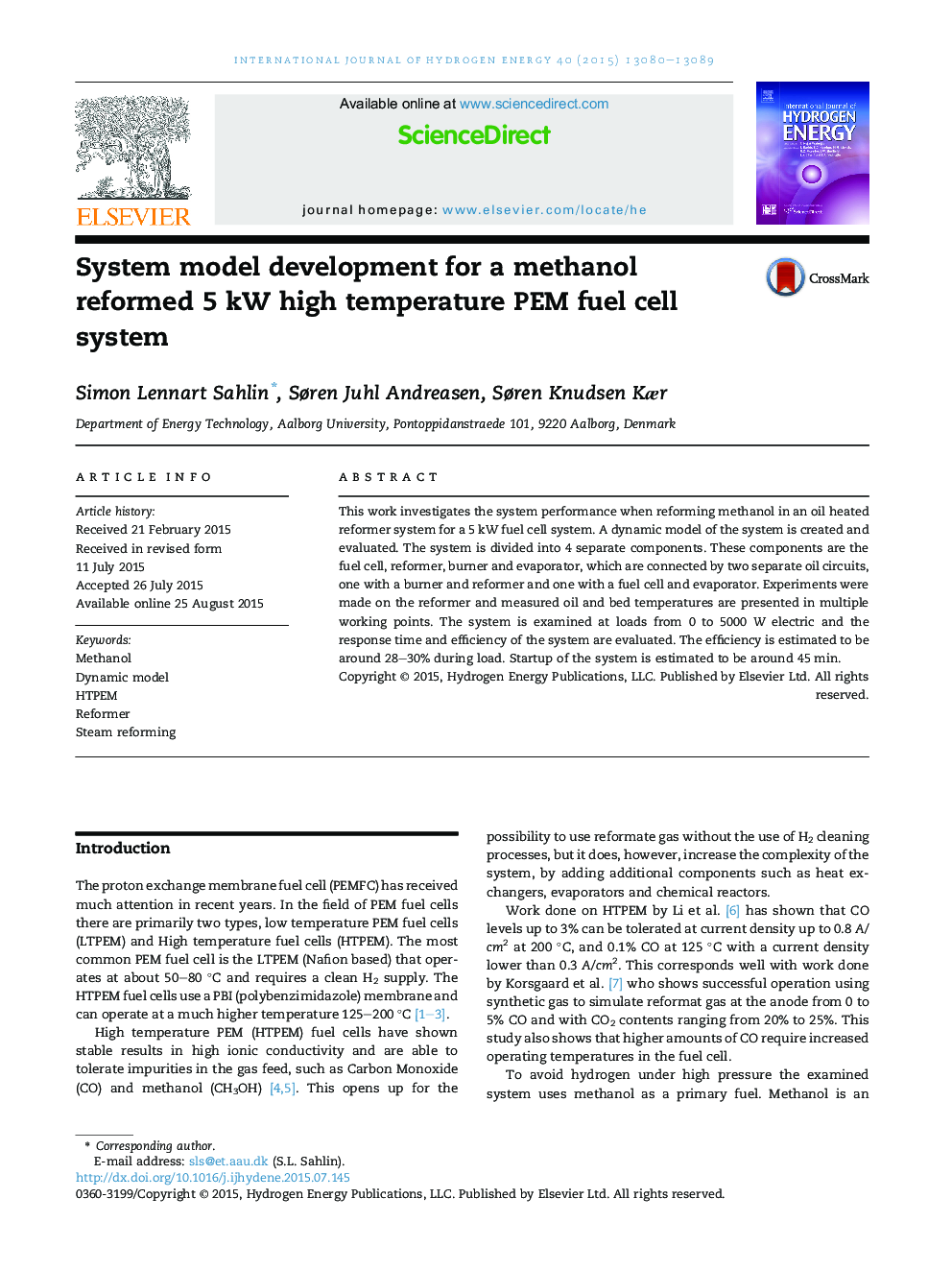 System model development for a methanol reformed 5 kW high temperature PEM fuel cell system