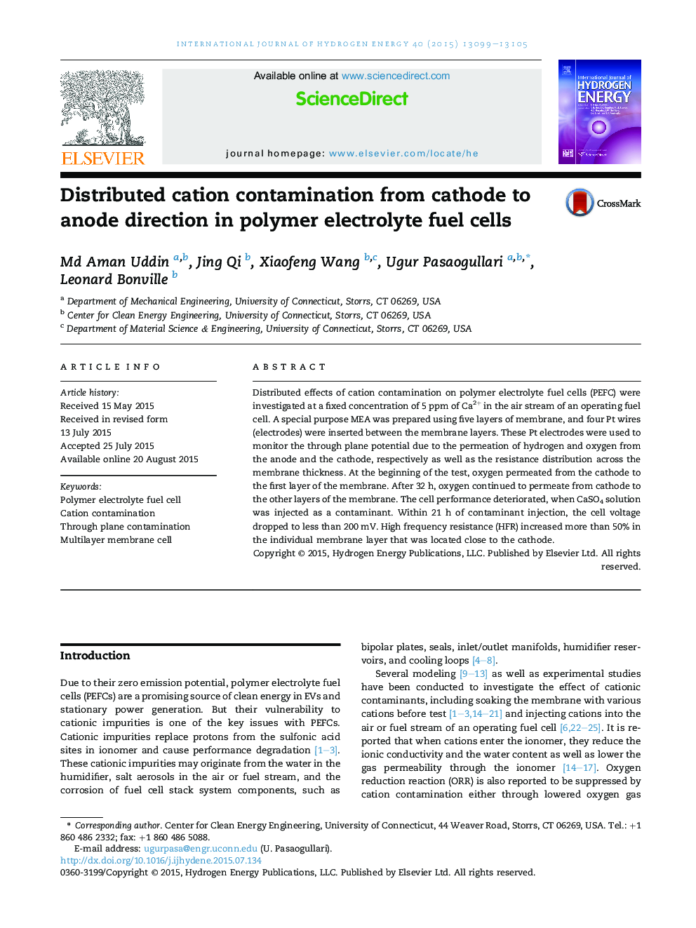 Distributed cation contamination from cathode to anode direction in polymer electrolyte fuel cells