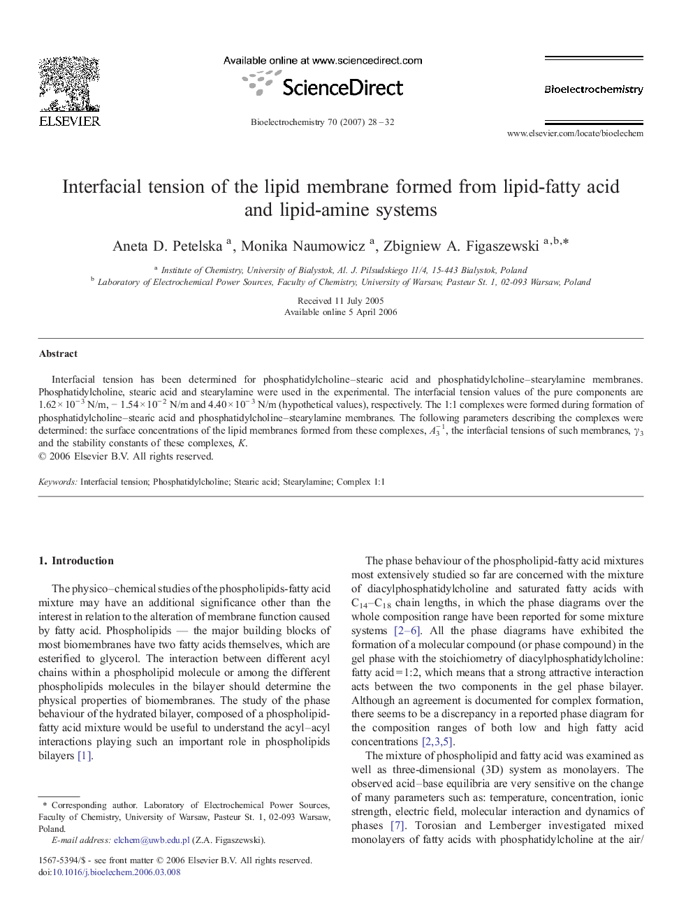 Interfacial tension of the lipid membrane formed from lipid-fatty acid and lipid-amine systems