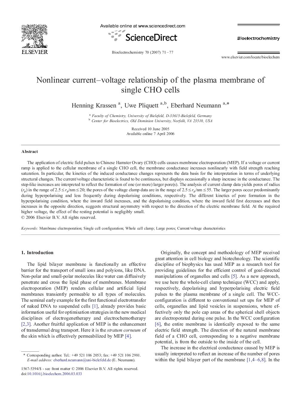 Nonlinear current–voltage relationship of the plasma membrane of single CHO cells