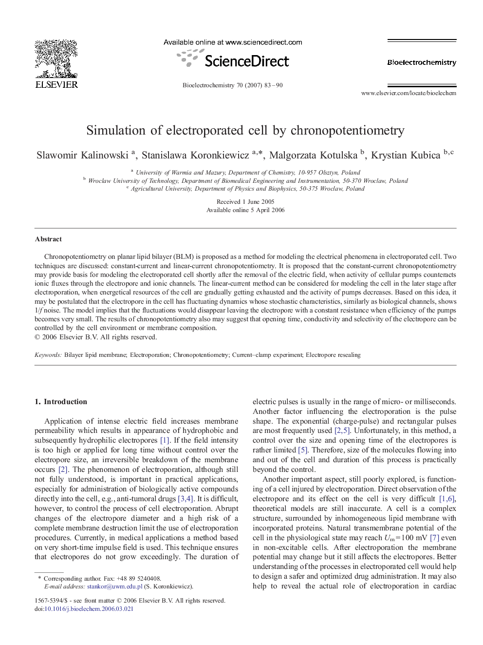 Simulation of electroporated cell by chronopotentiometry