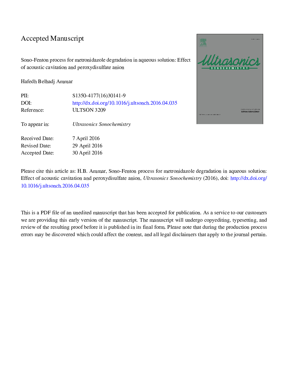 فرایند سونوفنتون برای تجزیه مترونیدازول در محلول آبی: اثر کاویتیشن آکوستیک و آنیون پراکسیدیل سولفات 