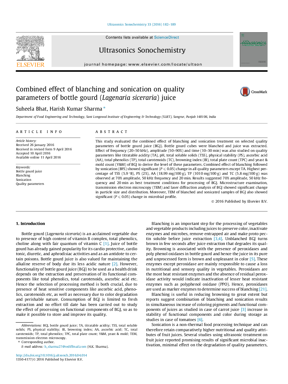 Combined effect of blanching and sonication on quality parameters of bottle gourd (Lagenaria siceraria) juice