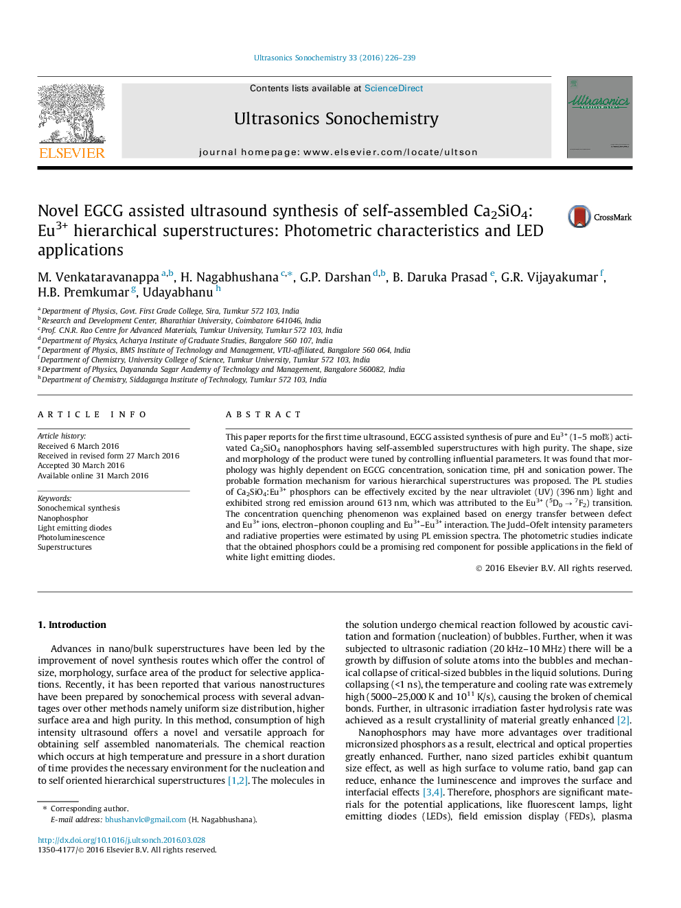 Novel EGCG assisted ultrasound synthesis of self-assembled Ca2SiO4:Eu3+ hierarchical superstructures: Photometric characteristics and LED applications