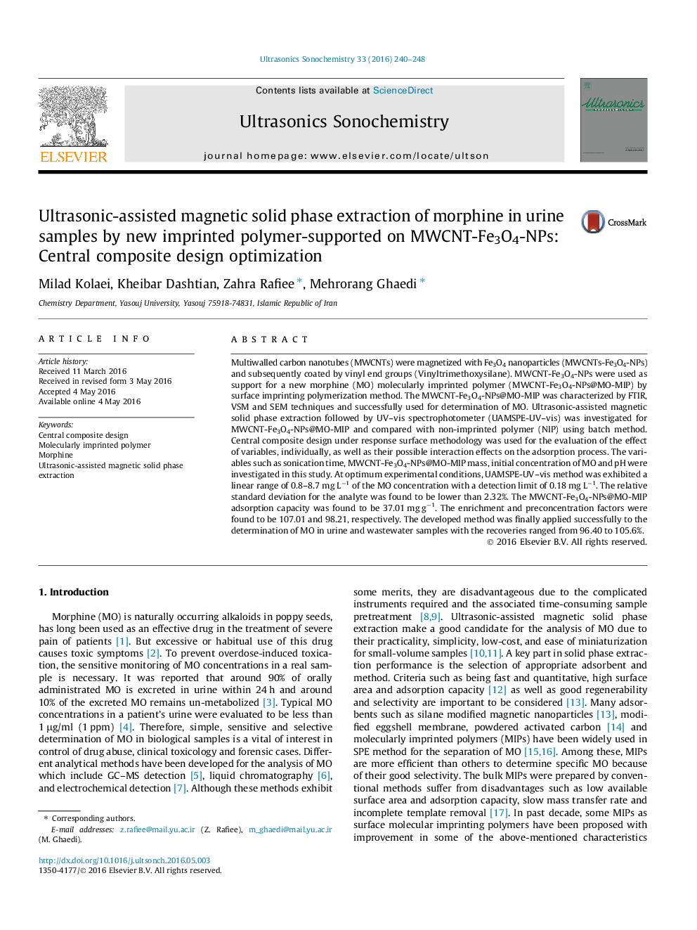 Ultrasonic-assisted magnetic solid phase extraction of morphine in urine samples by new imprinted polymer-supported on MWCNT-Fe3O4-NPs: Central composite design optimization