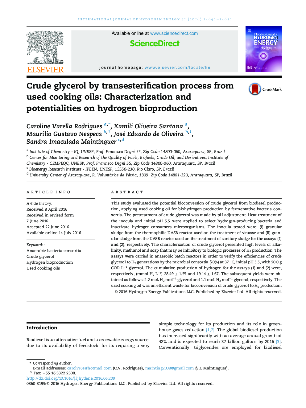 Crude glycerol by transesterification process from used cooking oils: Characterization and potentialities on hydrogen bioproduction