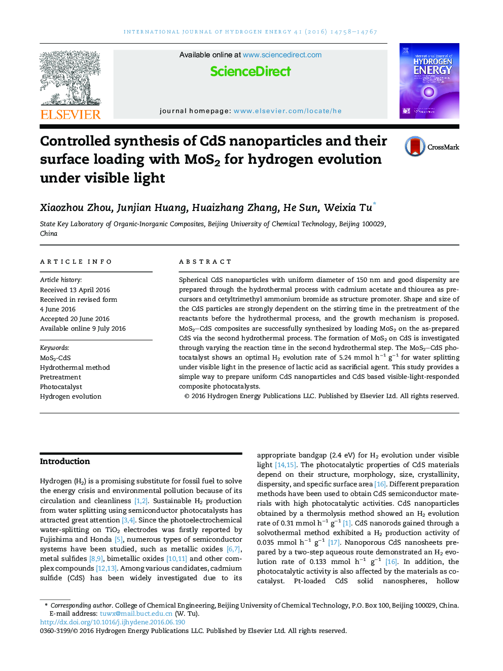 عکس صفحه اول مقاله: Controlled synthesis of CdS nanoparticles and their surface loading with MoS2 for hydrogen evolution under visible light Controlled synthesis of CdS nanoparticles and their surface loading with MoS2 for hydrogen evolution under visible light
