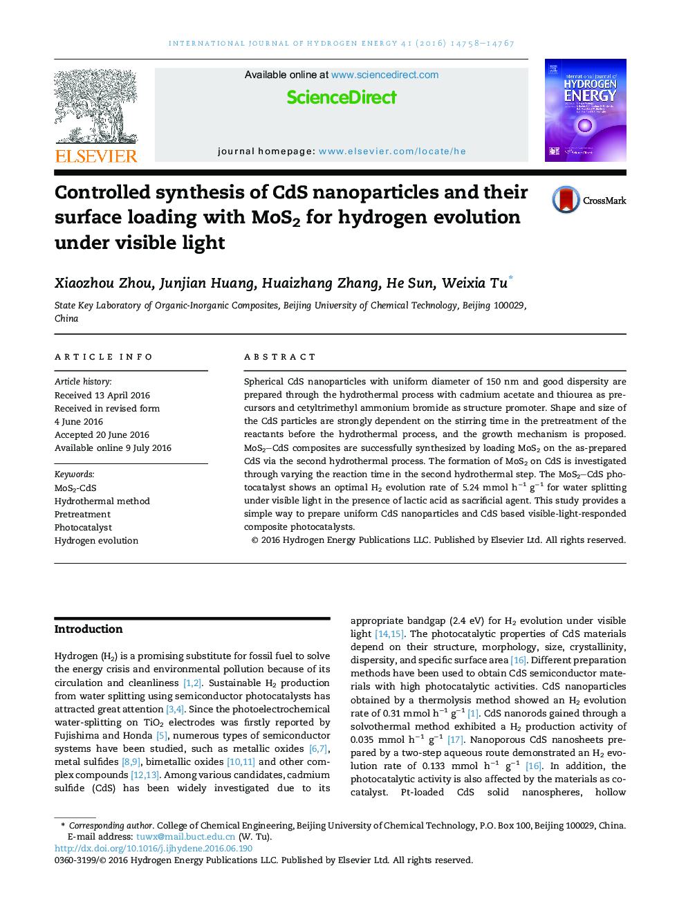 Controlled synthesis of CdS nanoparticles and their surface loading with MoS2 for hydrogen evolution under visible light