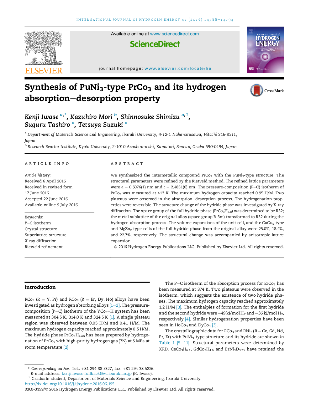 Synthesis of PuNi3-type PrCo3 and its hydrogen absorption–desorption property