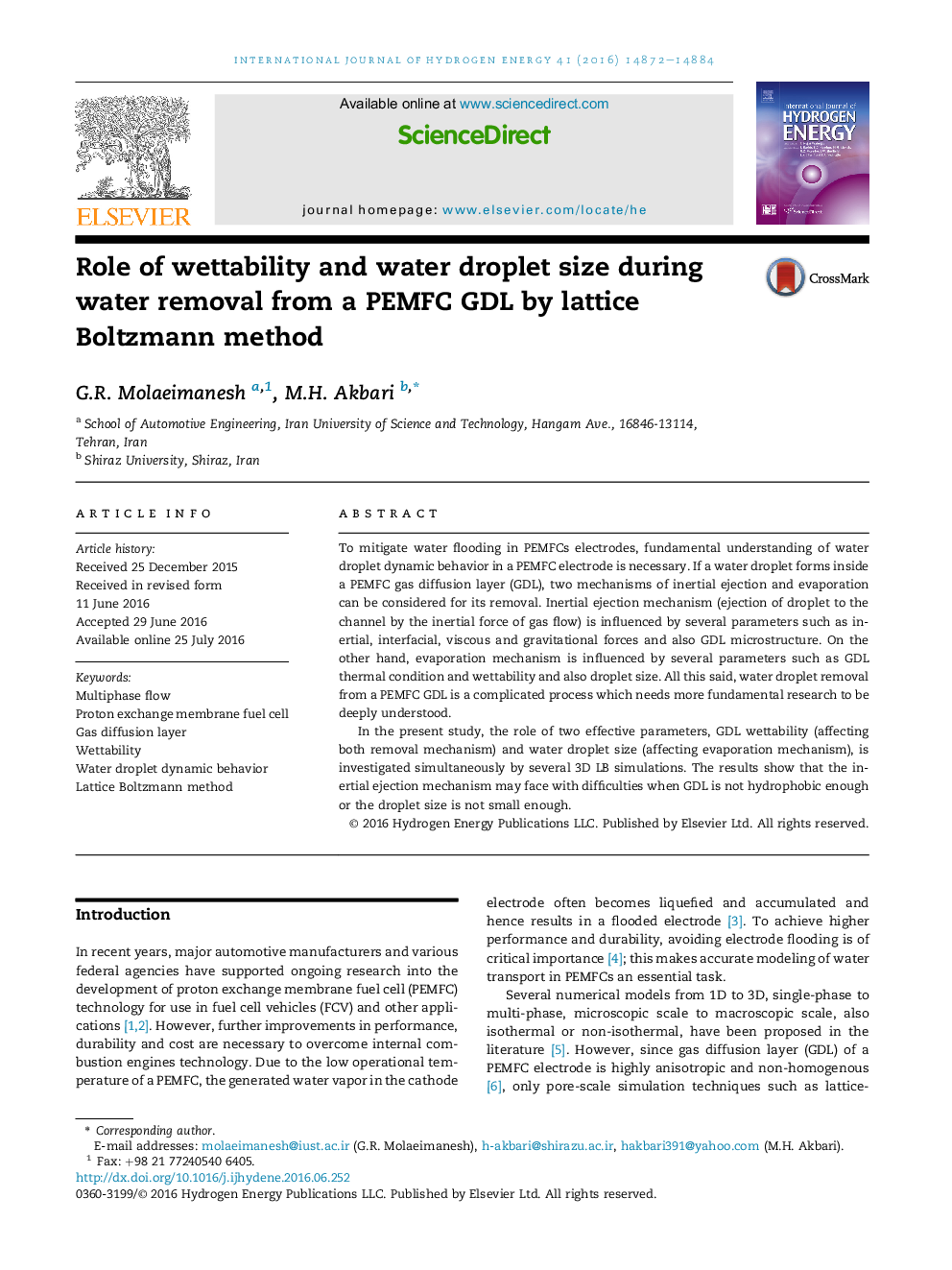 Role of wettability and water droplet size during water removal from a PEMFC GDL by lattice Boltzmann method