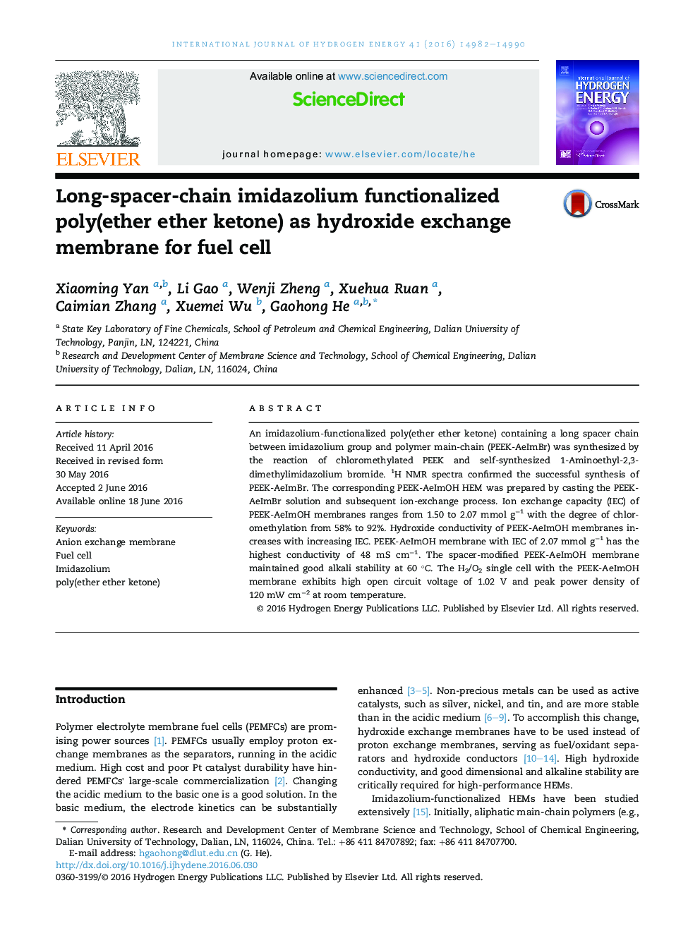 Long-spacer-chain imidazolium functionalized poly(ether ether ketone) as hydroxide exchange membrane for fuel cell